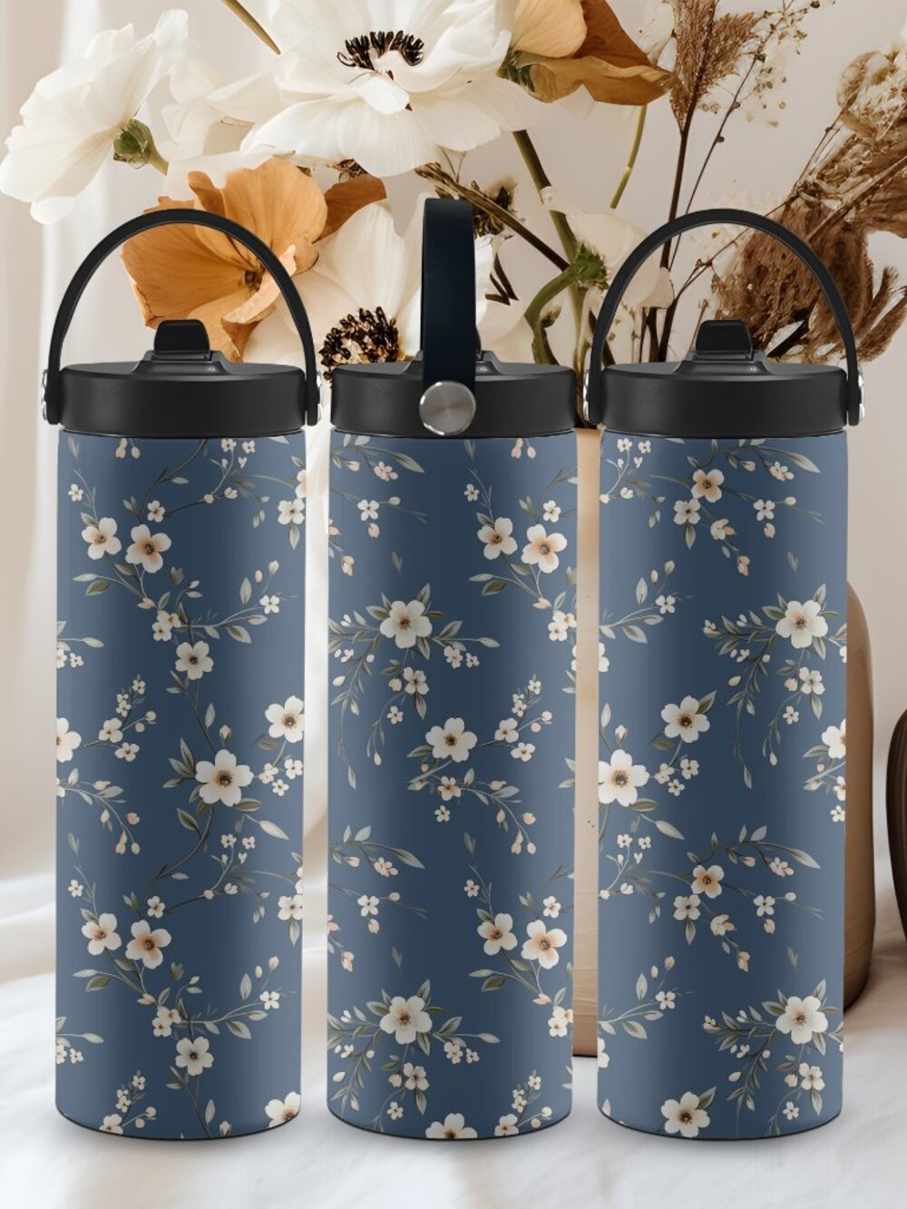 Floral Stainless Steel Tumbler with Portable Handle